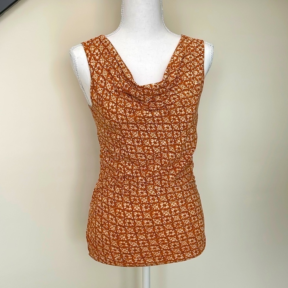 Karen Kane Ruched Orange & Beige Top With Cowl Neckline. Small